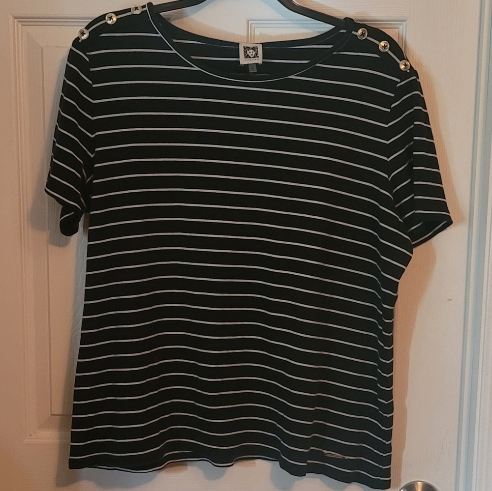 Anne Klein Black and White Striped Short Sleeve Top